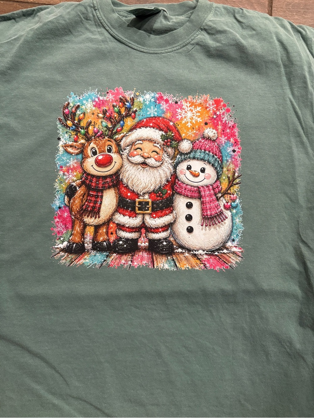 Holiday Santa, Reindeer & Snowman Graphic Tee - Green